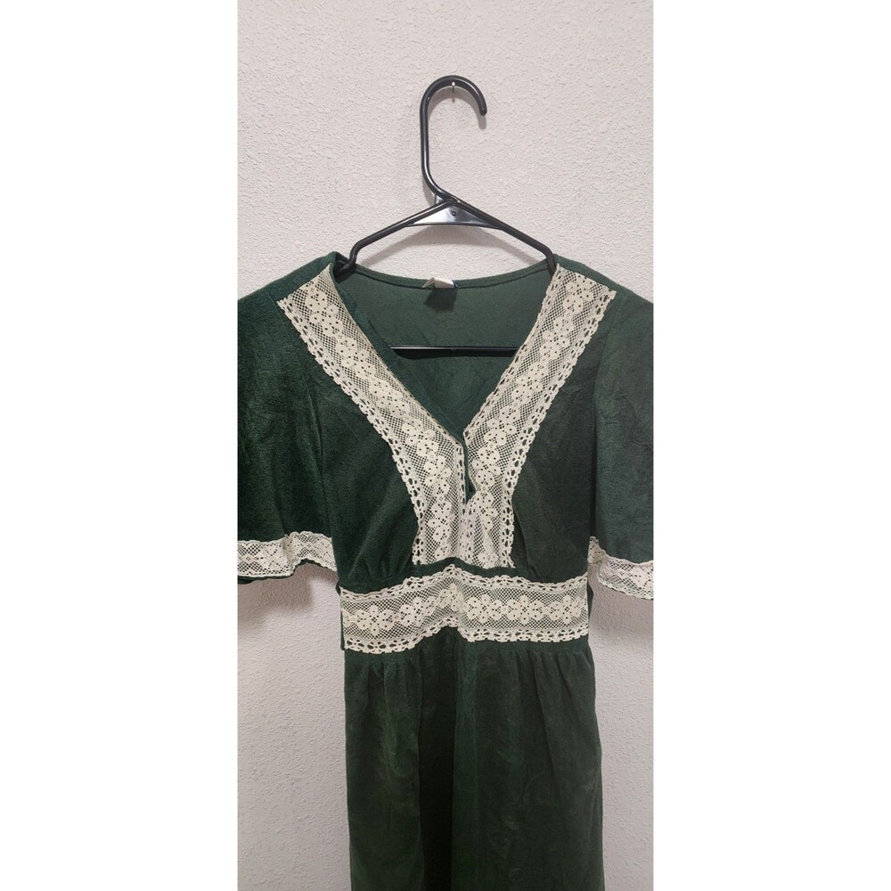 Vintage 70s Boho Green Floral lace trim Maxi Dress Boho Cottage Whimsy Sz M - Picture 3 of 8
